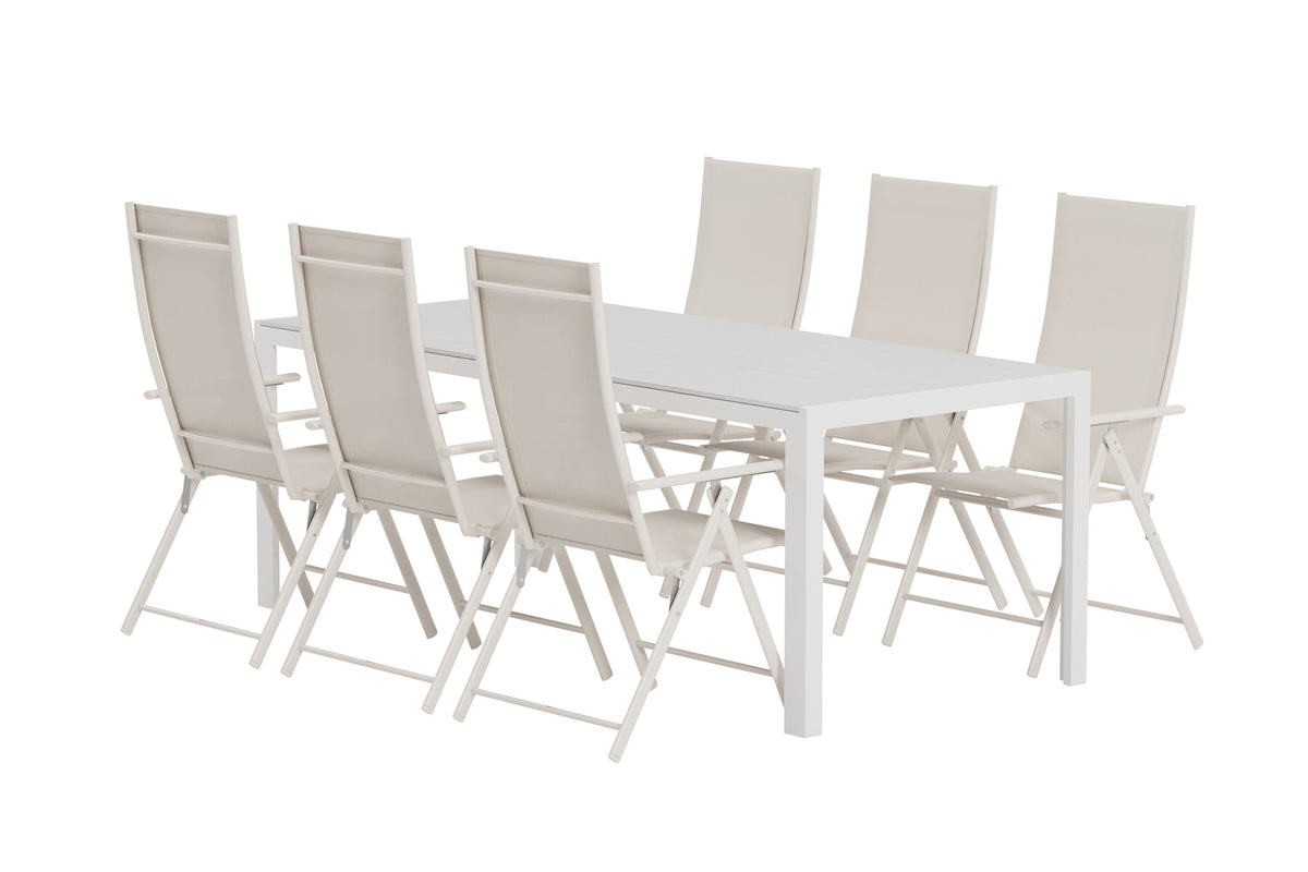 Break matgrupp med vitt bord och 6 beige Levanzo stolar