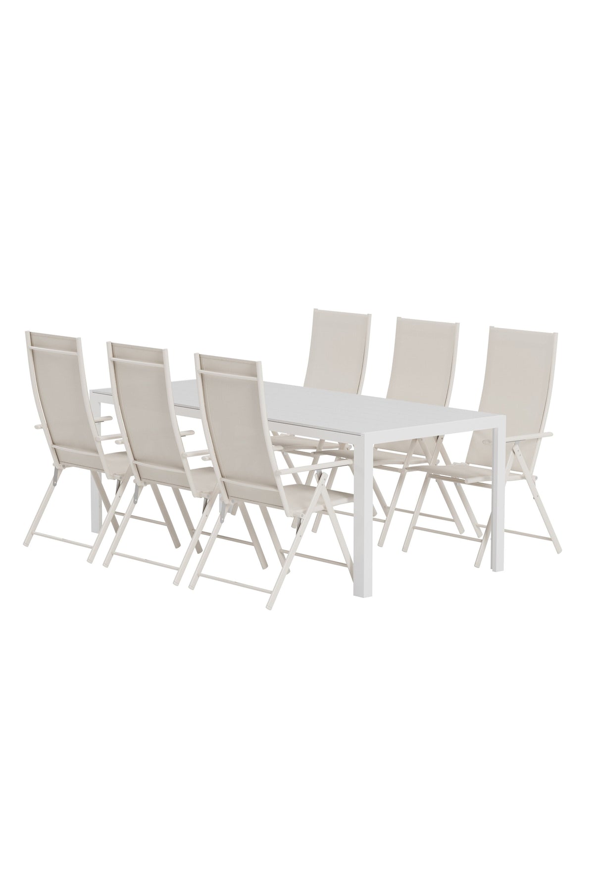 Break matgrupp med vitt bord och 6 beige Levanzo stolar