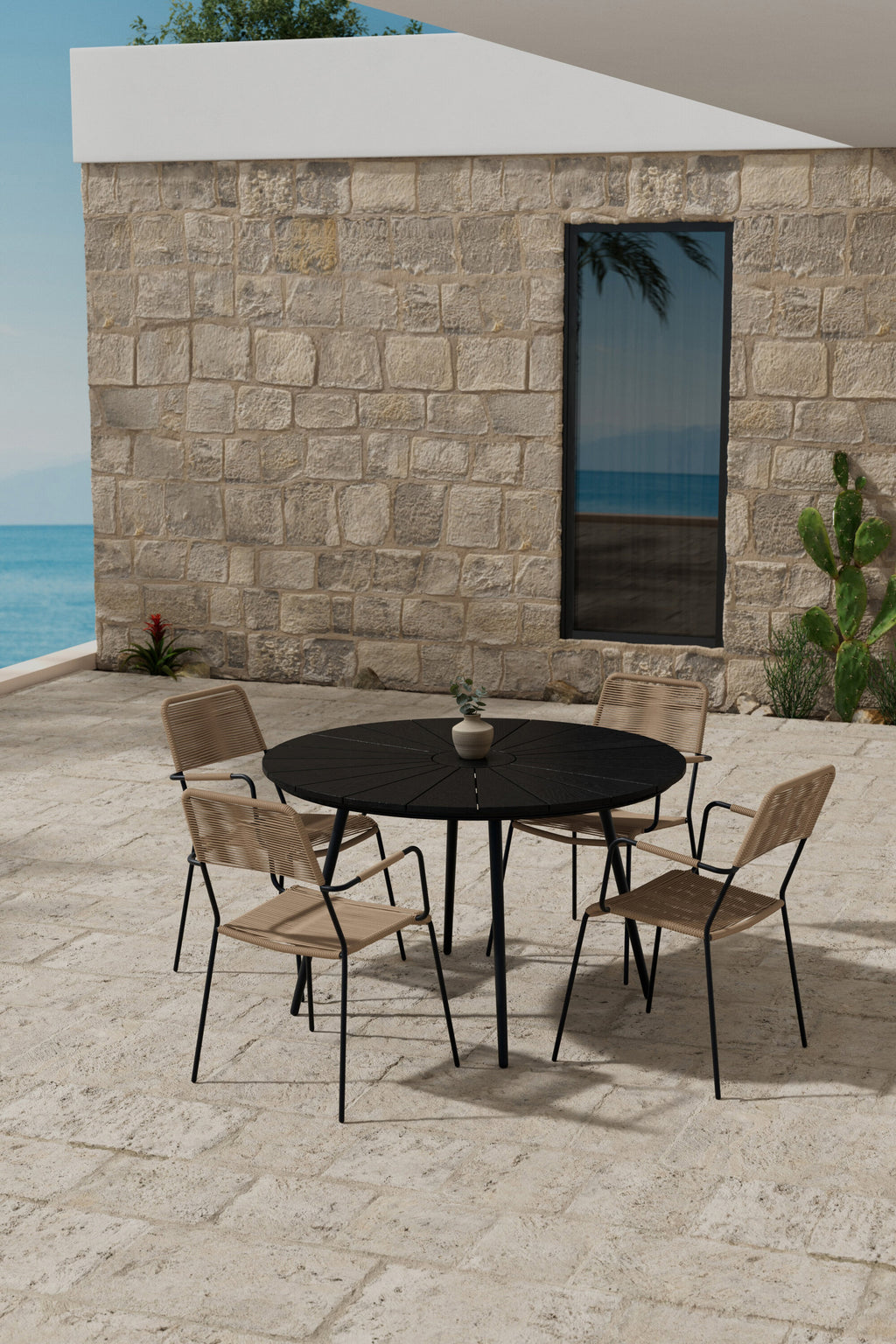 San Vito matgrupp med 4 Lindos-stolar svart/lattebeige