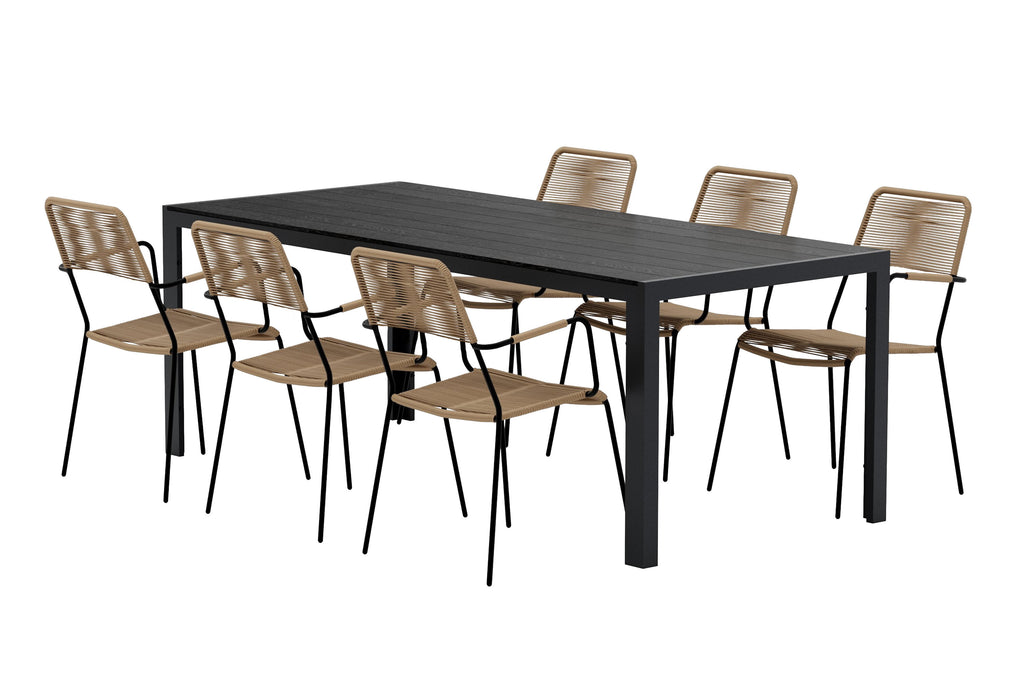Break matgrupp med 6 Lindos-stolar svart/lattebeige