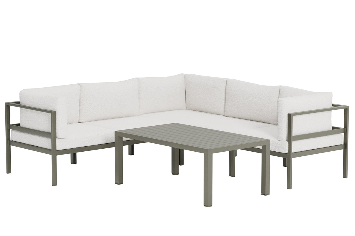 Copacabana hörnsoffgrupp 3+2 med bord brun/vit bouclé