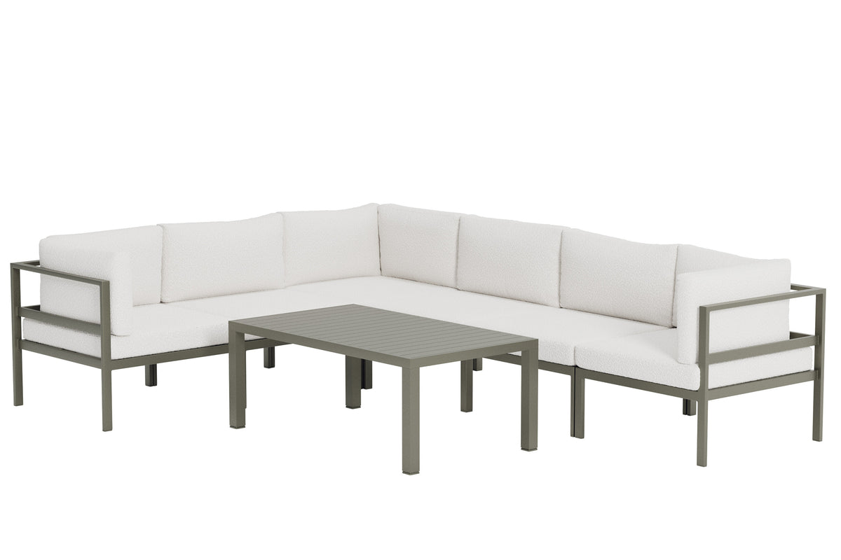 Copacabana hörnsoffgrupp 3+3 med bord brun/vit bouclé