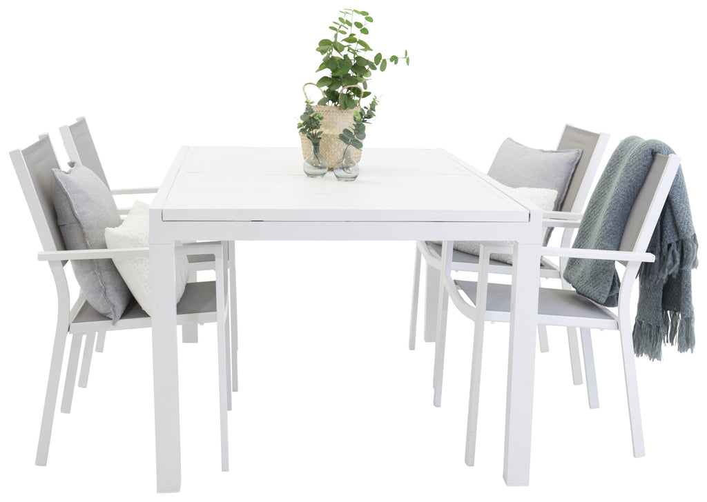 Marbella matbord 160/240*100*H75 vit med Copacabana stapelbar stol vit aluminium