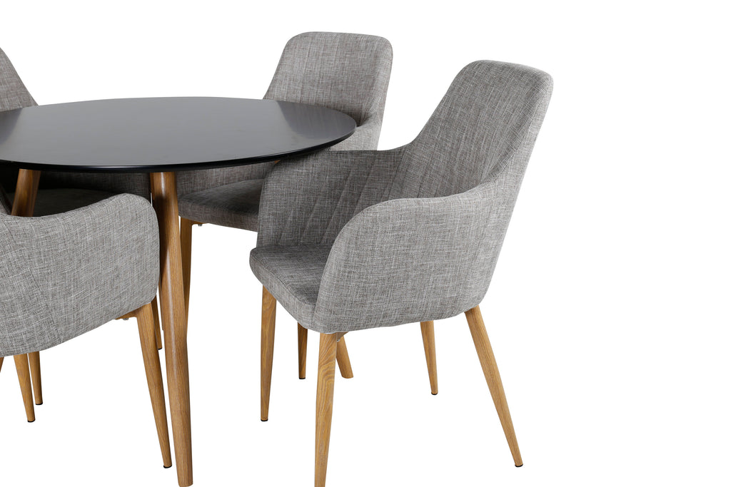 Plaza matbord Ø100 ek/svart med 4 Comfort matstolar ek/ljusgrå