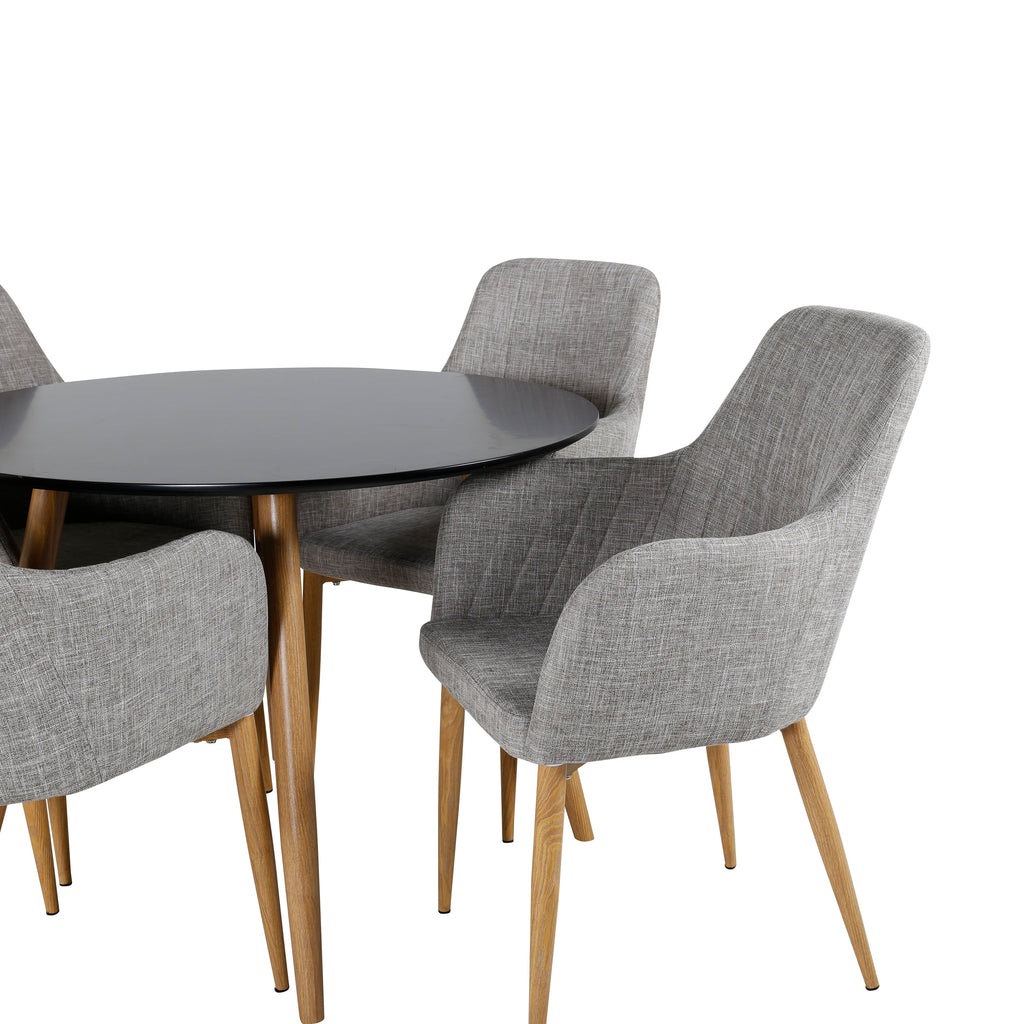 Plaza matbord Ø100 ek/svart med 4 Comfort matstolar ek/ljusgrå