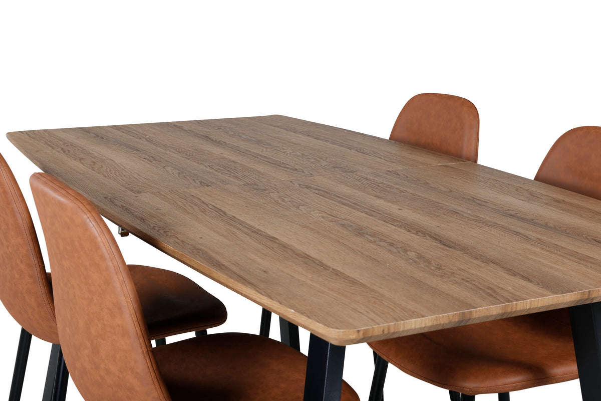 Inca matbord ek/svart 160/200x85xH75 cm med 4 Polar matstolar brun/svart