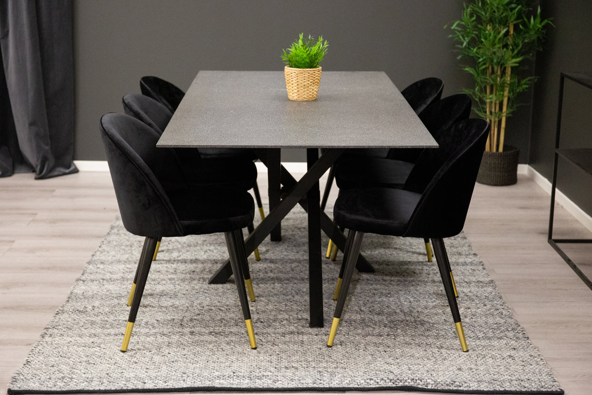 Piazza matgrupp med 6 Velvet-stolar 180x90 cm svart stenkomposit med mässingsdetaljer