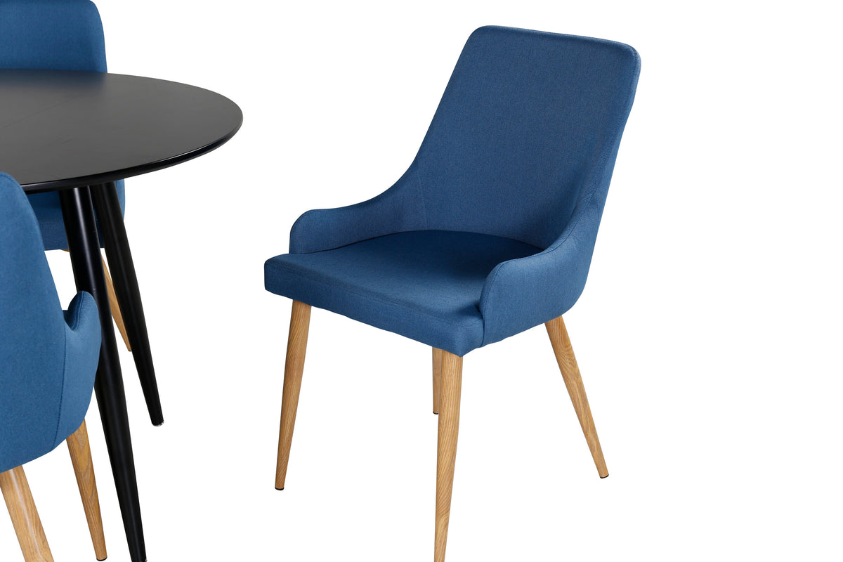 Plaza matbord Ø100 svart/svart med 4 Plaza matstolar blå/ek