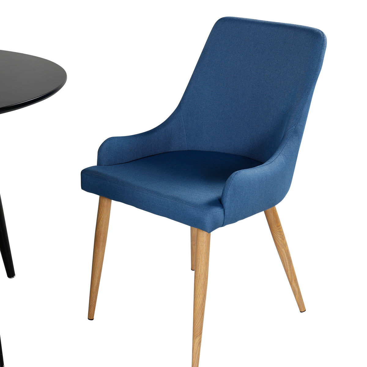 Plaza matbord Ø100 svart/svart med 4 Plaza matstolar blå/ek
