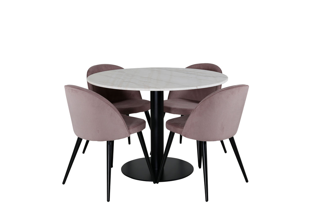 Estelle runt matbord svart/vit marmor Ø106xH75 cm med Velvet matstol Manchester