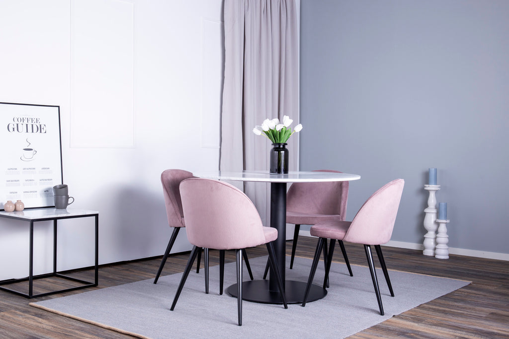 Estelle runt matbord svart/vit marmor Ø106xH75 cm med Velvet matstol Manchester