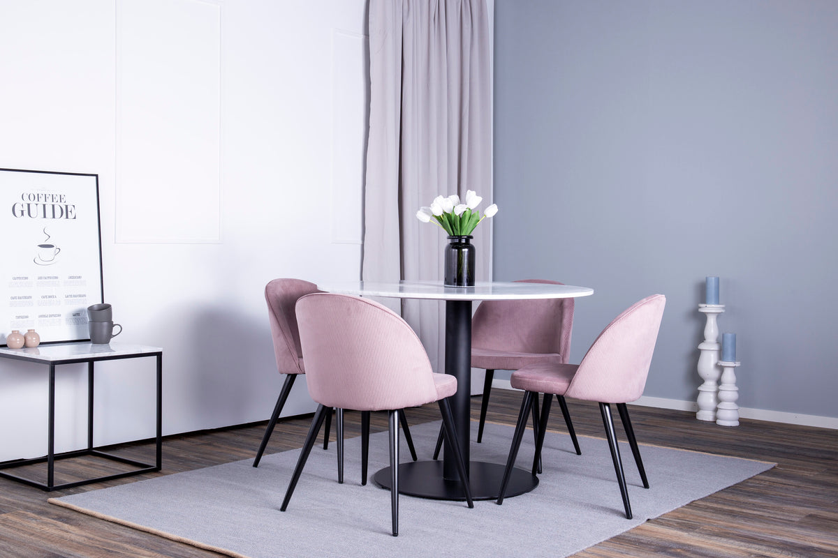 Estelle runt matbord svart/vit marmor Ø106xH75 cm med Velvet matstol Manchester