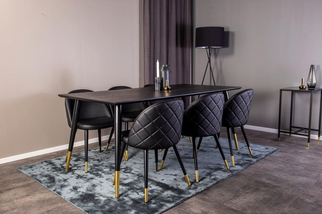 Dipp matgrupp med Velvet-stolar 180x90 cm svart faner med mässingsdetaljer