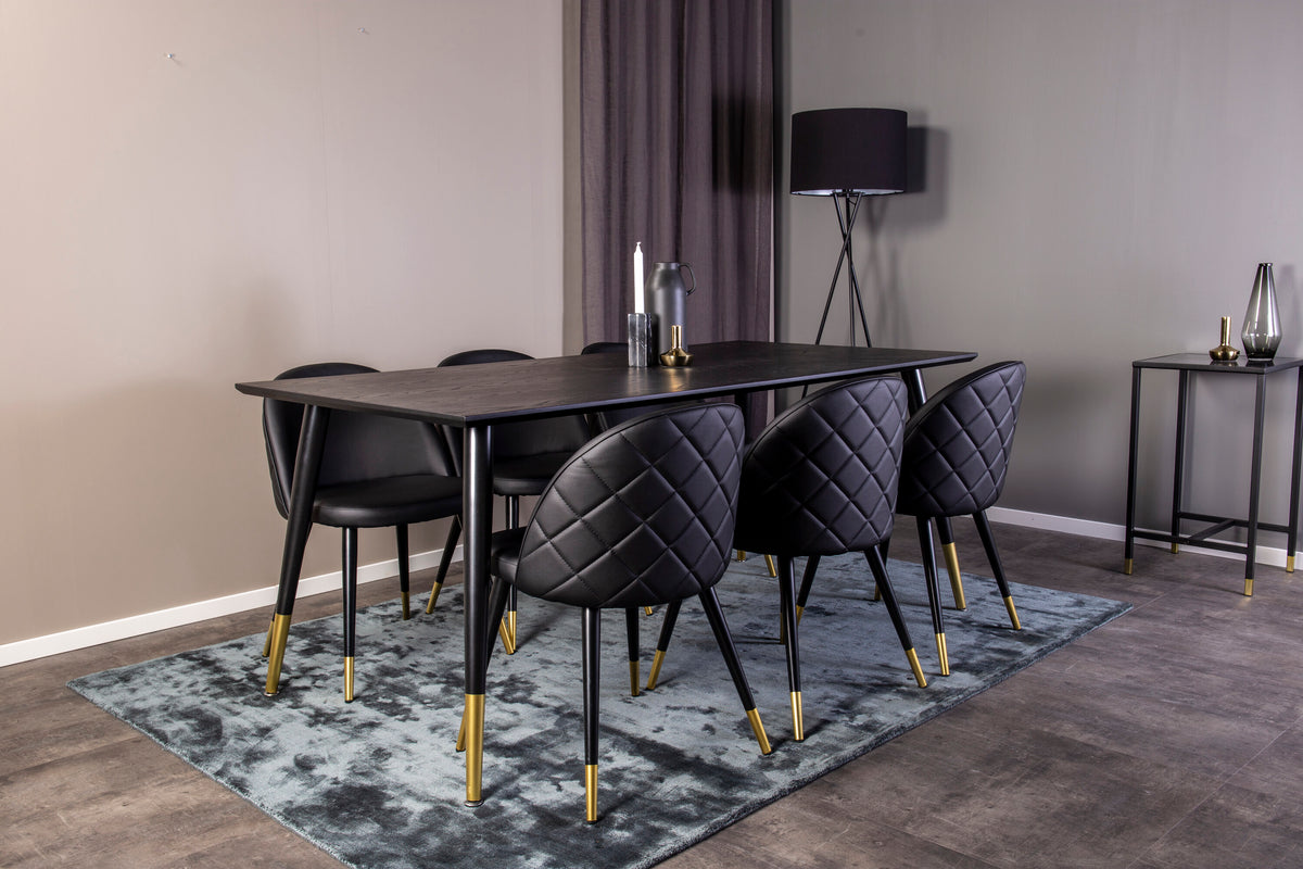 Dipp matgrupp med Velvet-stolar 180x90 cm svart faner med mässingsdetaljer