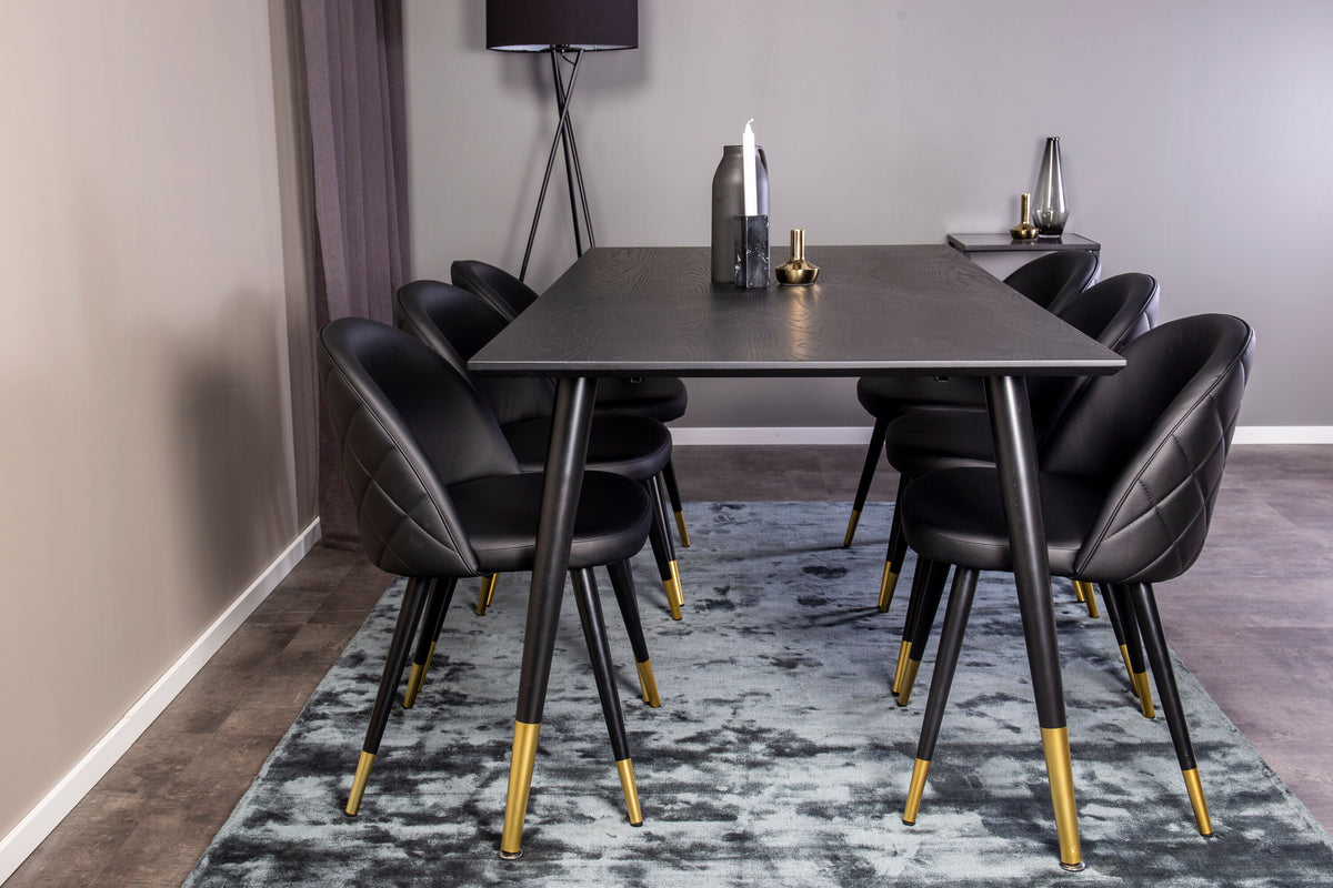 Dipp matgrupp med Velvet-stolar 180x90 cm svart faner med mässingsdetaljer