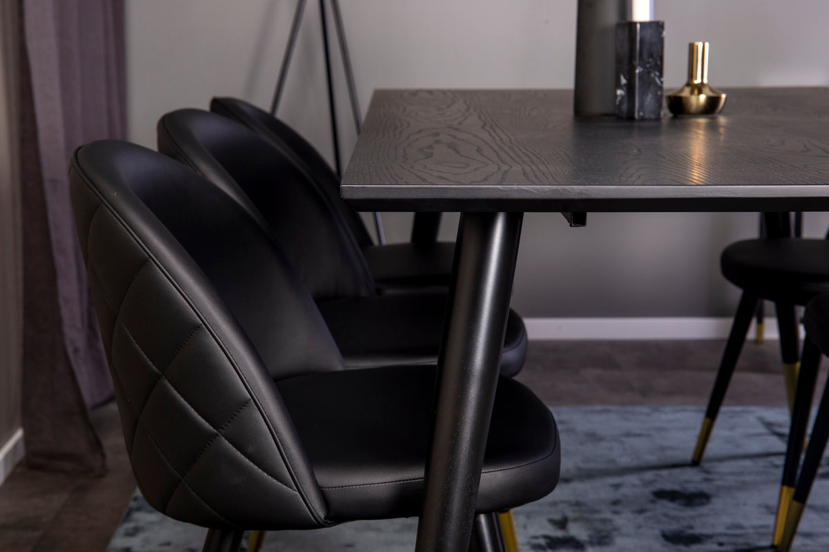 Dipp matgrupp med Velvet-stolar 180x90 cm svart faner med mässingsdetaljer