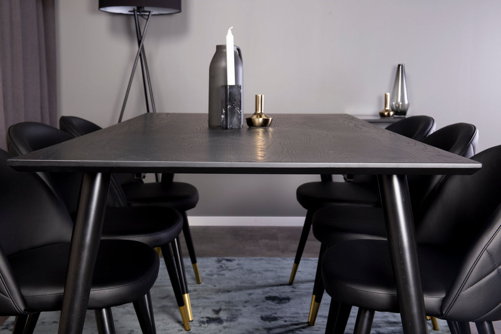Dipp matgrupp med Velvet-stolar 180x90 cm svart faner med mässingsdetaljer