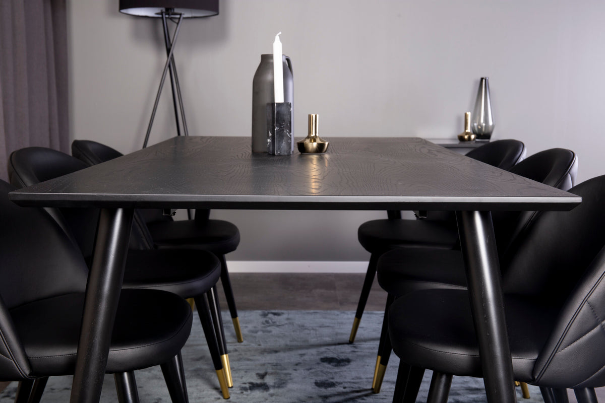 Dipp matgrupp med Velvet-stolar 180x90 cm svart faner med mässingsdetaljer