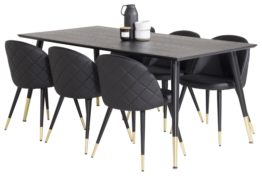 Dipp matgrupp med Velvet-stolar 180x90 cm svart faner med mässingsdetaljer