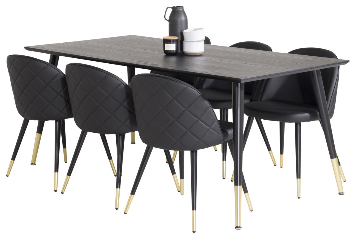 Dipp matgrupp med Velvet-stolar 180x90 cm svart faner med mässingsdetaljer