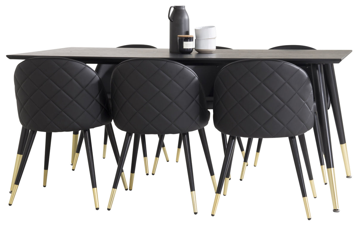 Dipp matgrupp med Velvet-stolar 180x90 cm svart faner med mässingsdetaljer