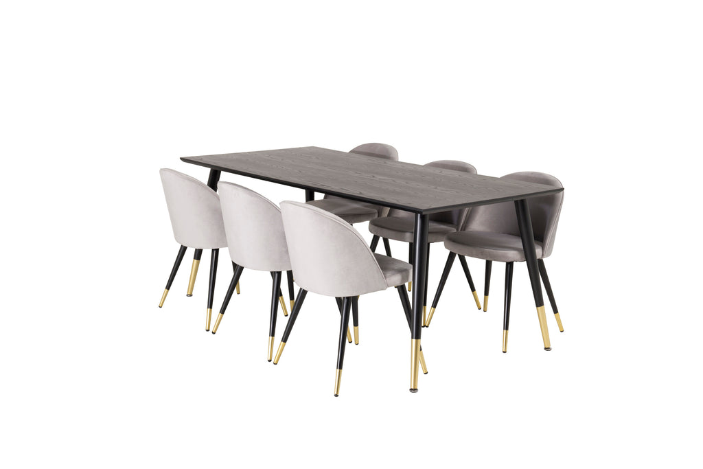 Dipp matgrupp med Velvet-stolar 180x90 cm svart faner med mässingsdetaljer