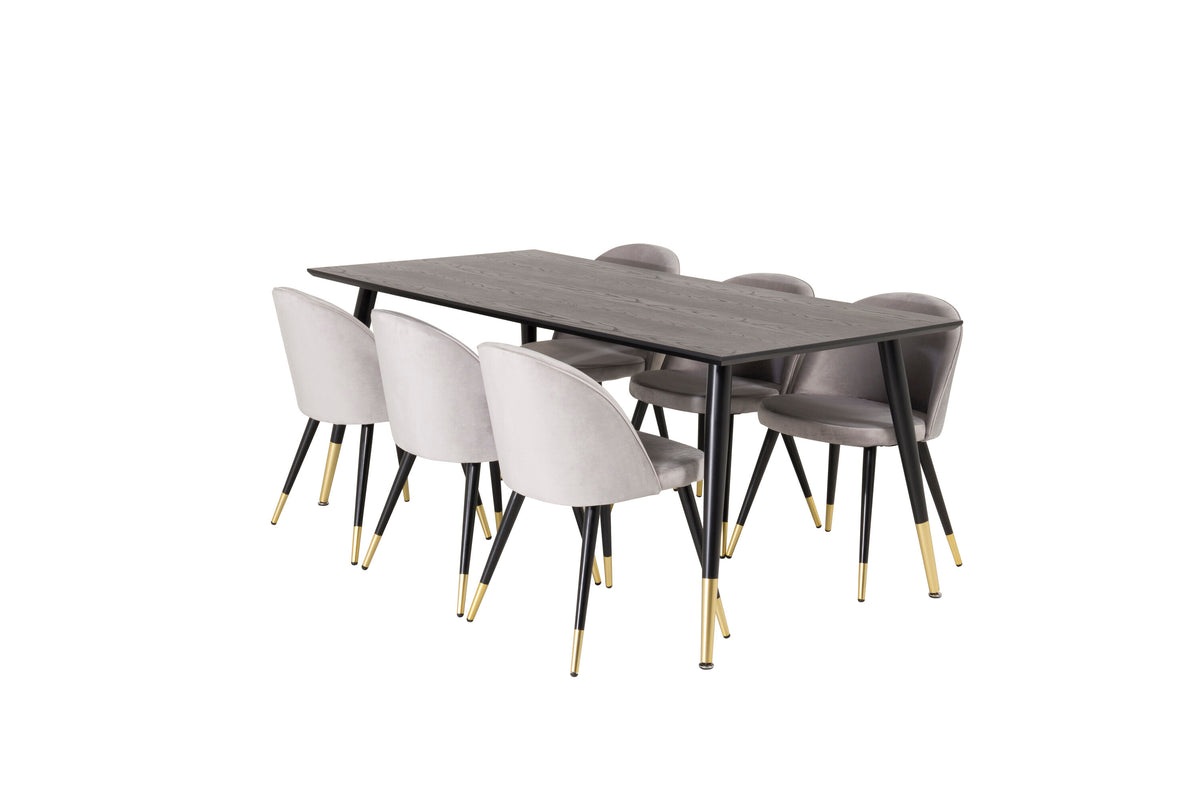 Dipp matgrupp med Velvet-stolar 180x90 cm svart faner med mässingsdetaljer