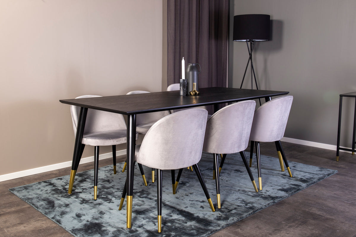 Dipp matgrupp med Velvet-stolar 180x90 cm svart faner med mässingsdetaljer