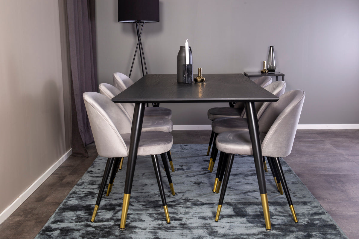 Dipp matgrupp med Velvet-stolar 180x90 cm svart faner med mässingsdetaljer