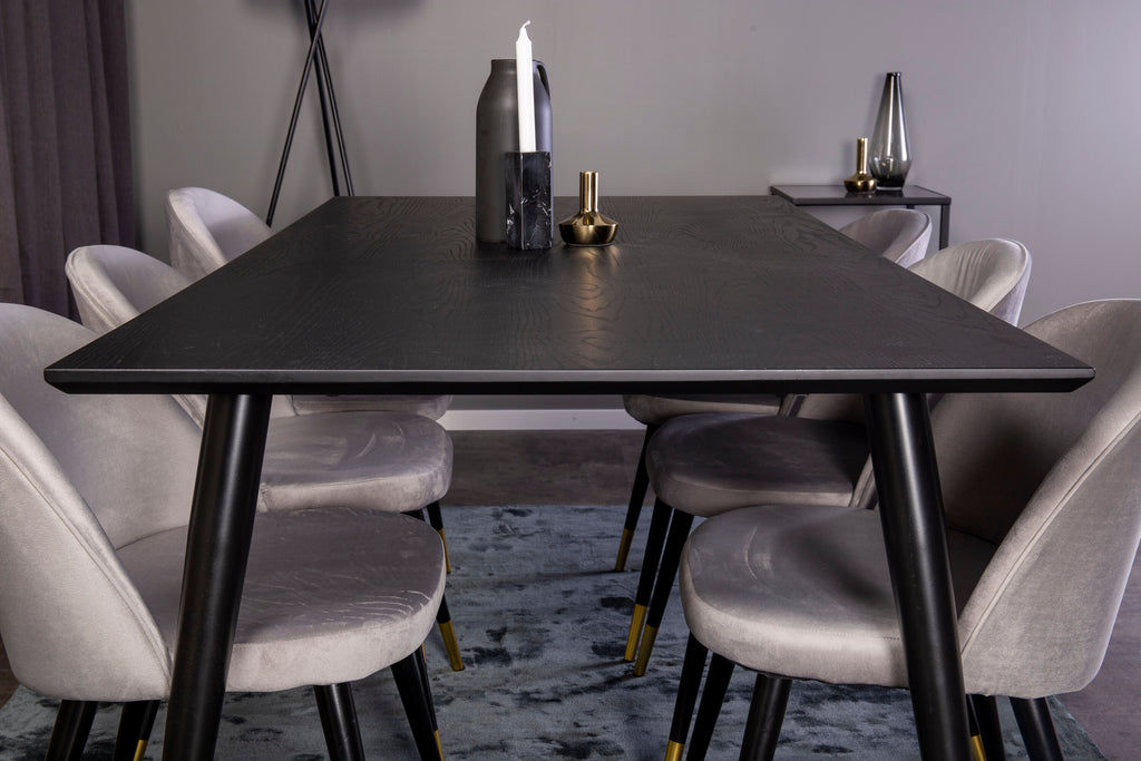 Dipp matgrupp med Velvet-stolar 180x90 cm svart faner med mässingsdetaljer