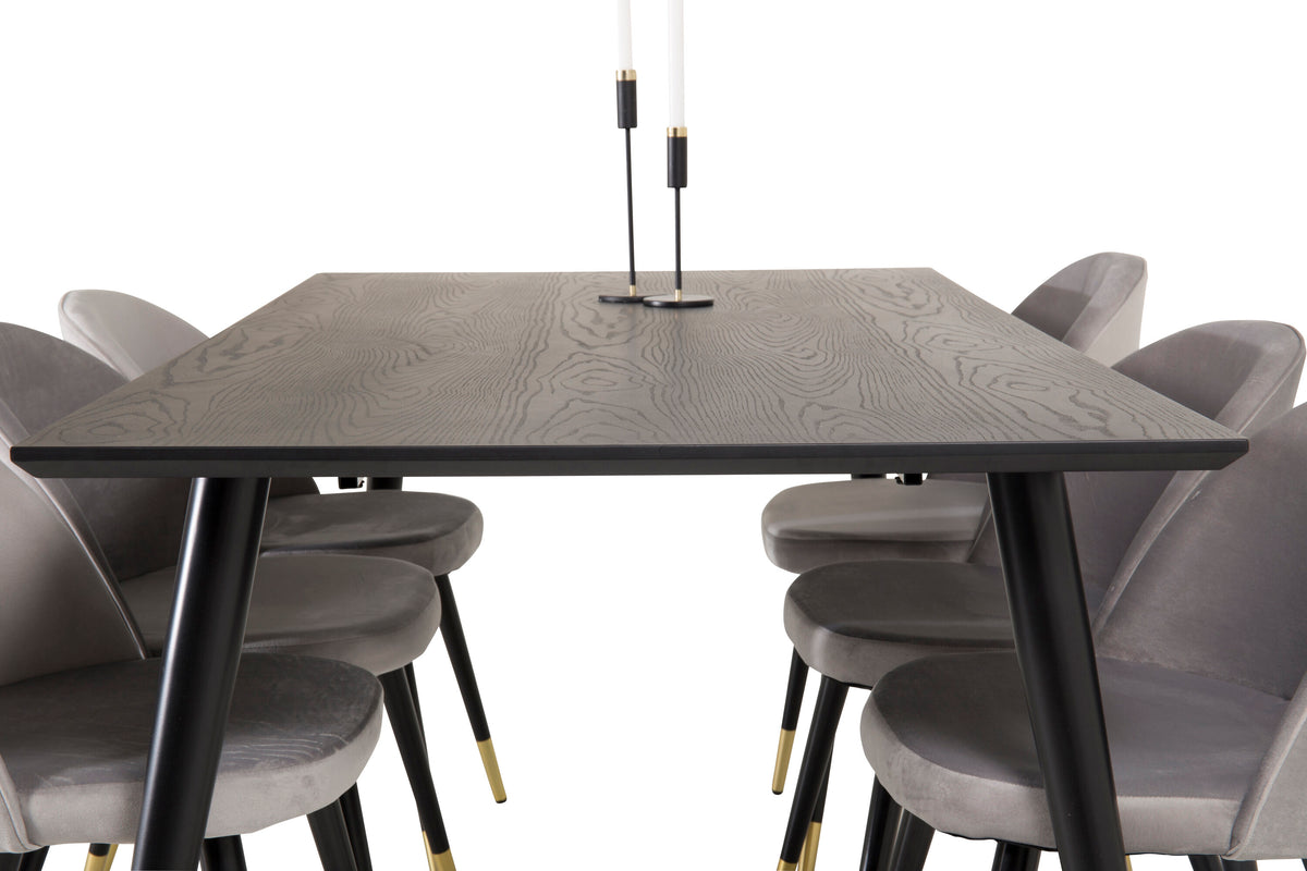 Dipp matgrupp med Velvet-stolar 180x90 cm svart faner med mässingsdetaljer