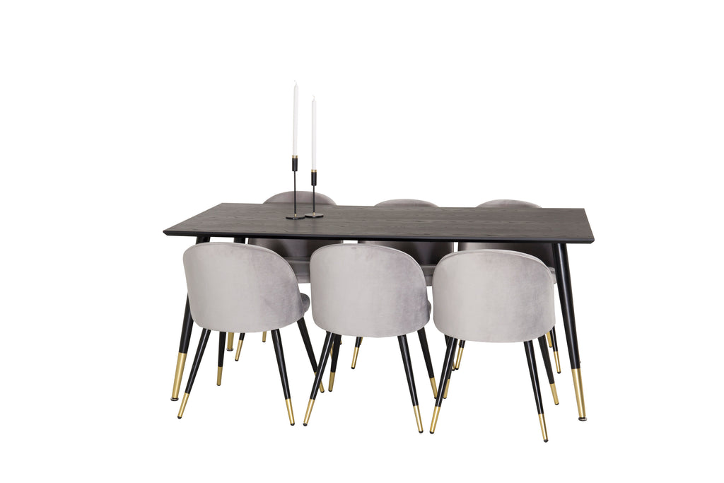 Dipp matgrupp med Velvet-stolar 180x90 cm svart faner med mässingsdetaljer
