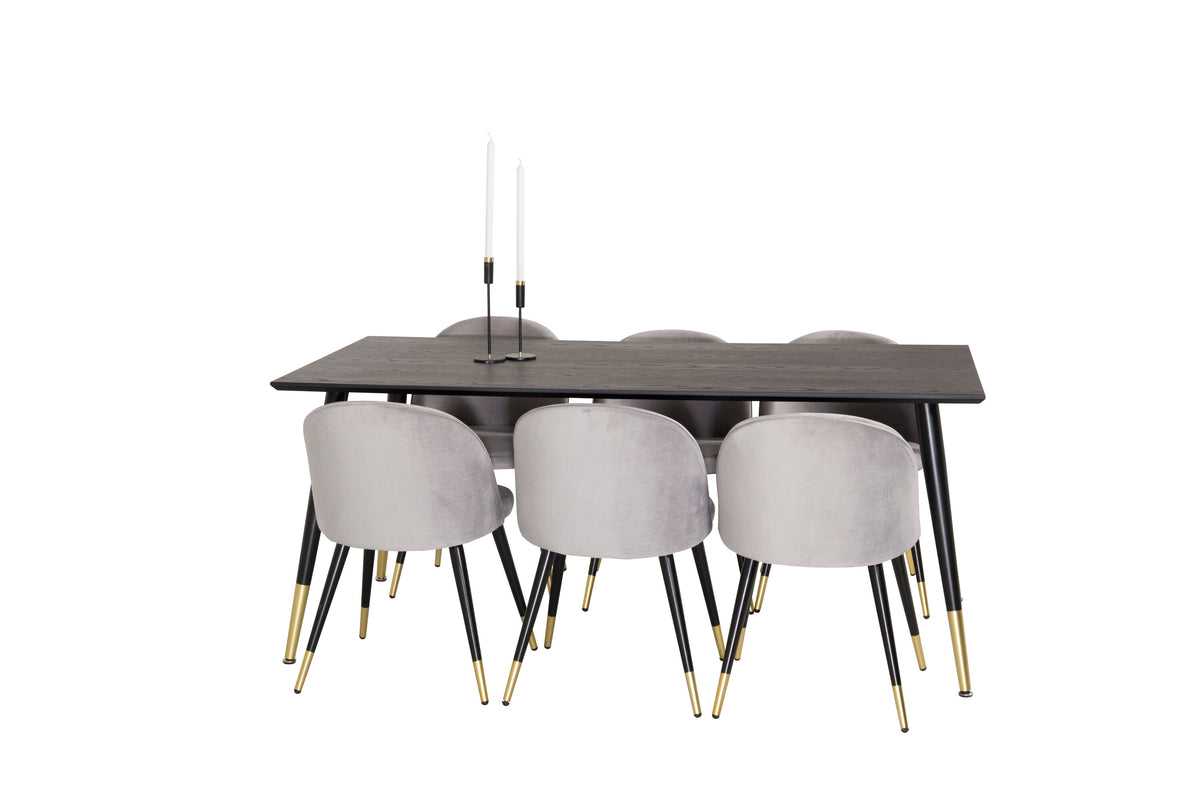Dipp matgrupp med Velvet-stolar 180x90 cm svart faner med mässingsdetaljer