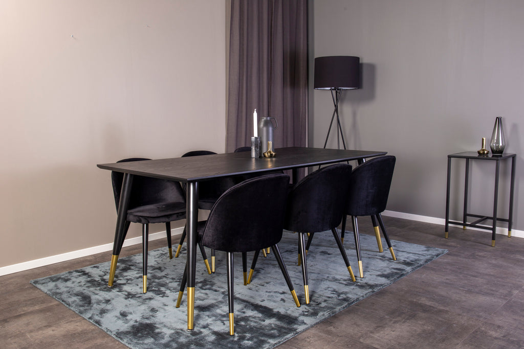 Dipp matgrupp med Velvet-stolar 180x90 cm svart faner med mässingsdetaljer