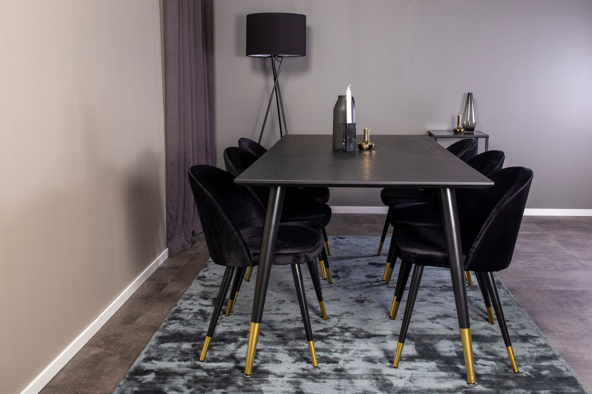Dipp matgrupp med Velvet-stolar 180x90 cm svart faner med mässingsdetaljer