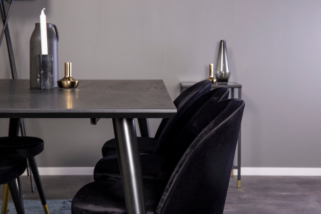 Dipp matgrupp med Velvet-stolar 180x90 cm svart faner med mässingsdetaljer