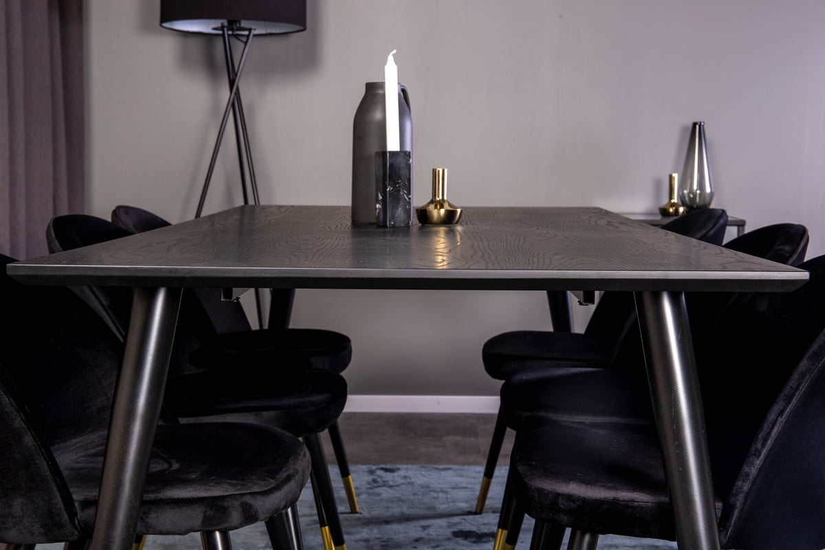 Dipp matgrupp med Velvet-stolar 180x90 cm svart faner med mässingsdetaljer