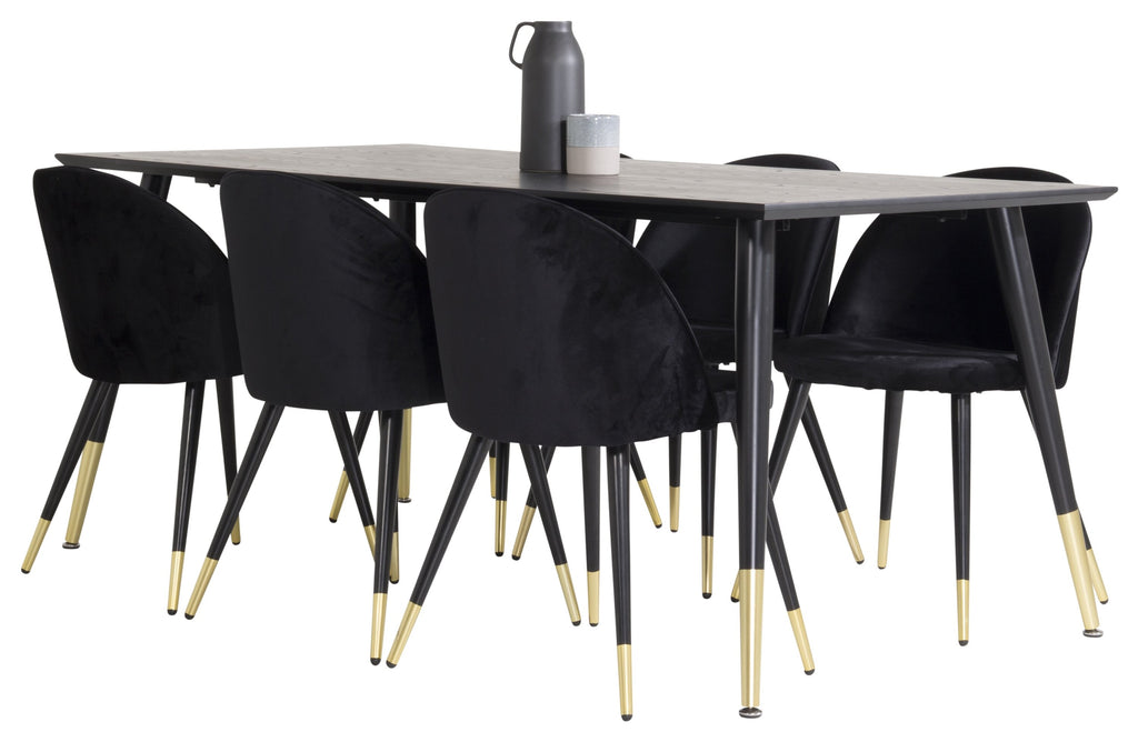 Dipp matgrupp med Velvet-stolar 180x90 cm svart faner med mässingsdetaljer