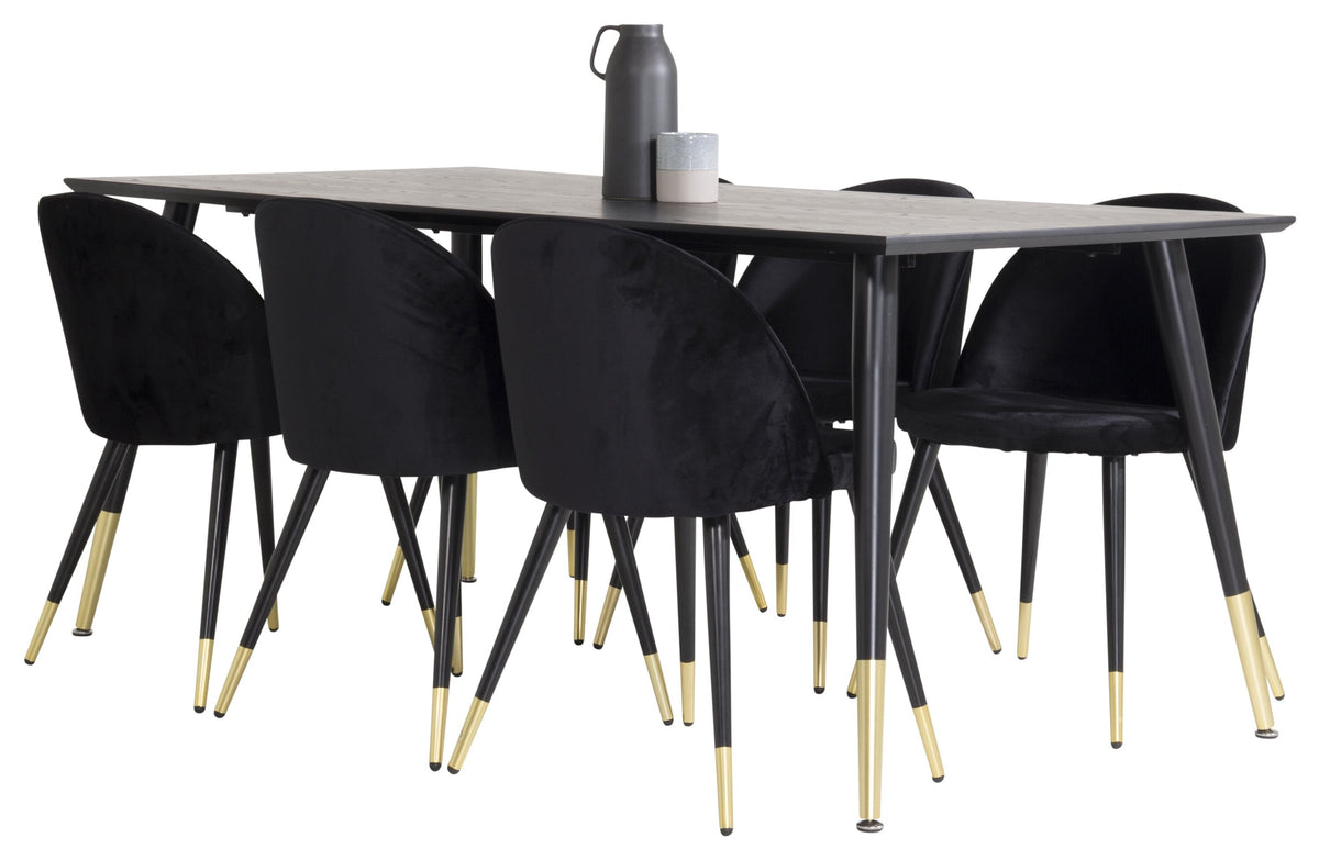 Dipp matgrupp med Velvet-stolar 180x90 cm svart faner med mässingsdetaljer