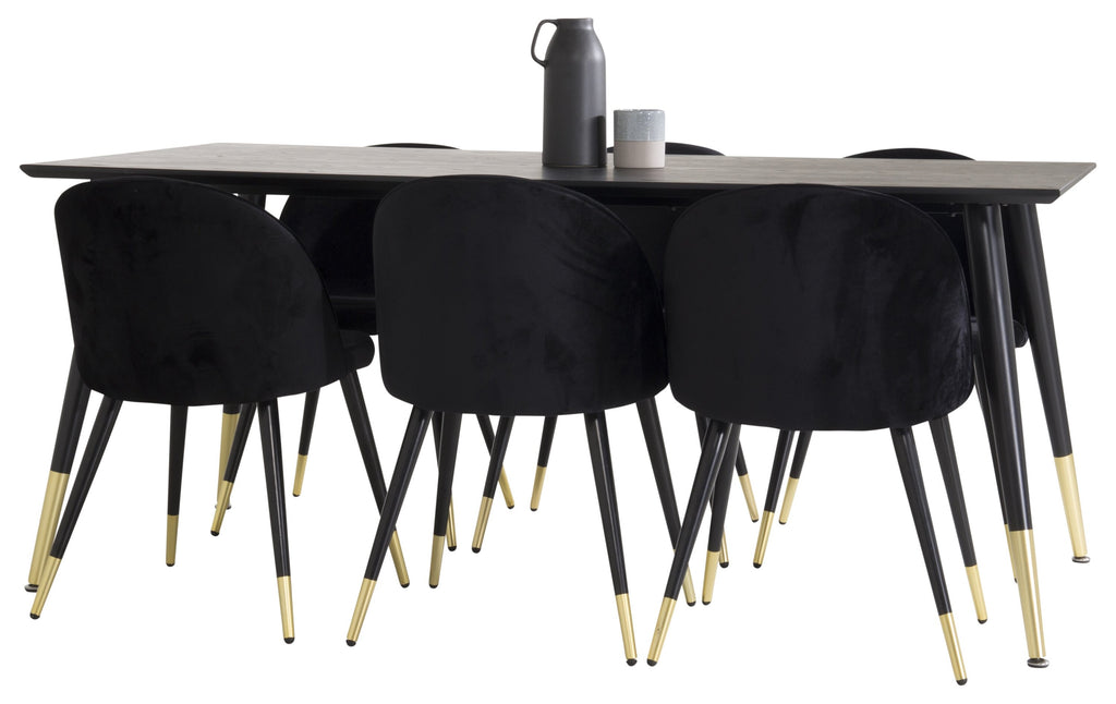 Dipp matgrupp med Velvet-stolar 180x90 cm svart faner med mässingsdetaljer