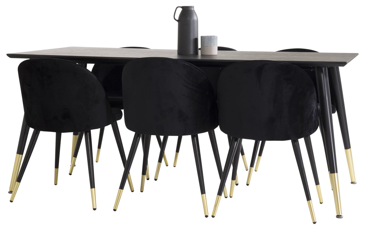 Dipp matgrupp med Velvet-stolar 180x90 cm svart faner med mässingsdetaljer