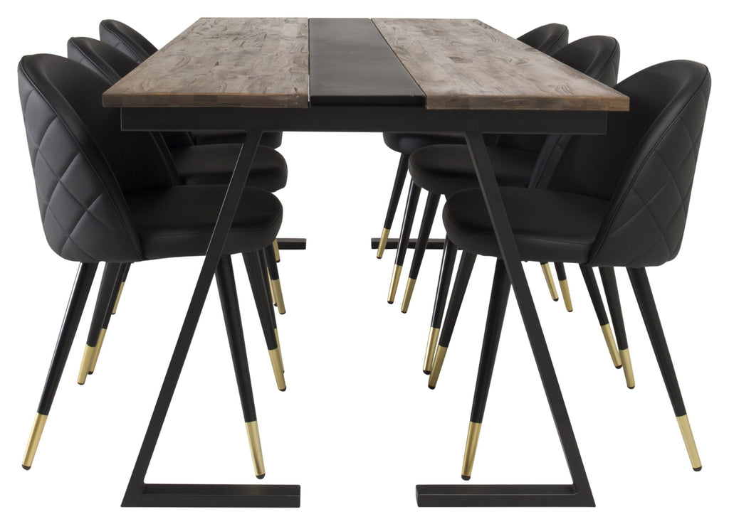 Jakarta matgrupp med Velvet-stolar 200x90x75 cm svart/mörk teak och mässing