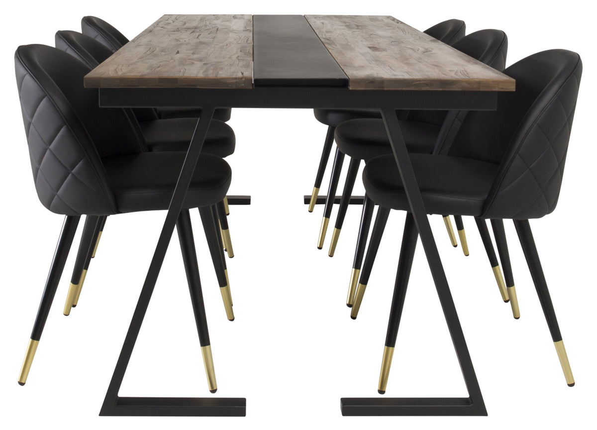 Jakarta matgrupp med Velvet-stolar 200x90x75 cm svart/mörk teak och mässing