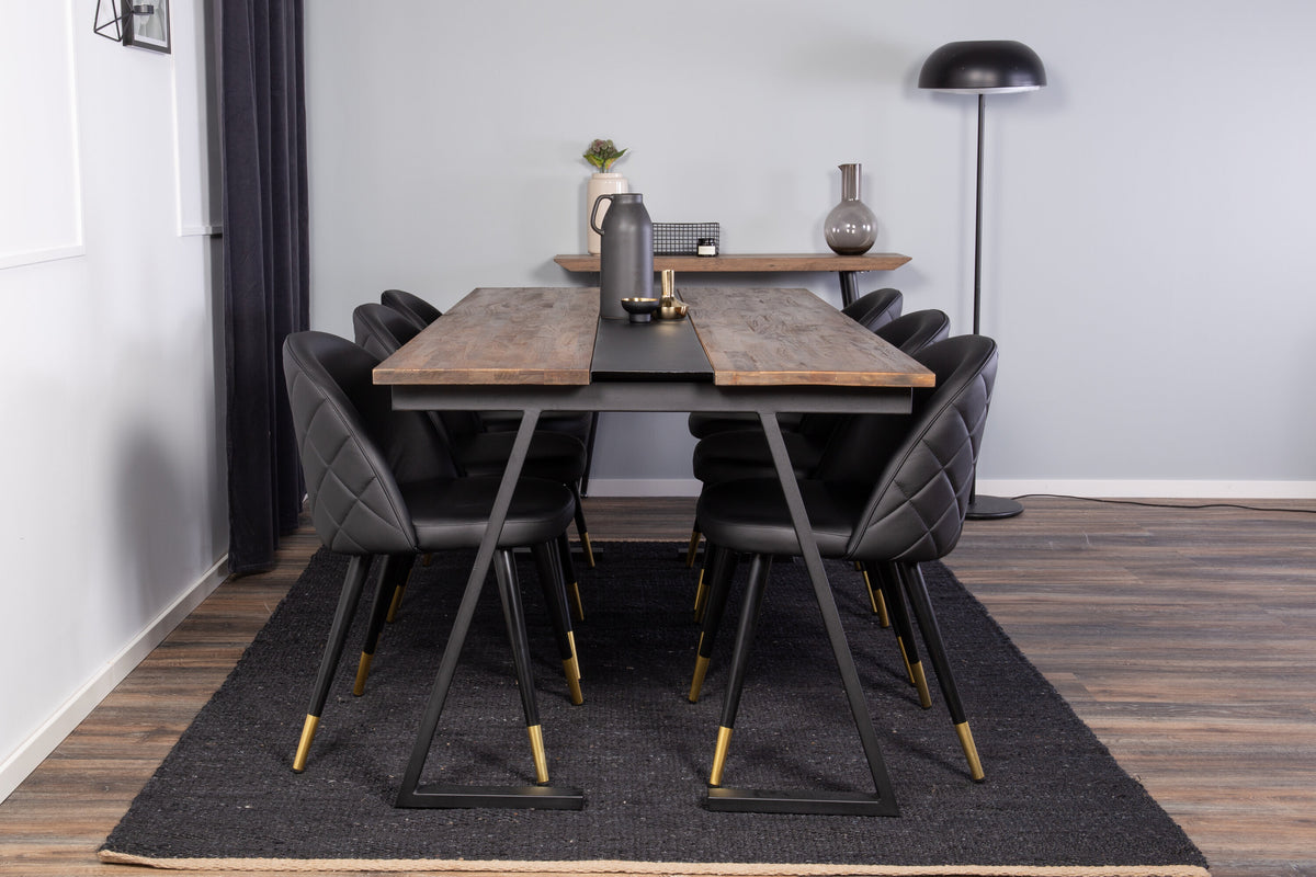 Jakarta matgrupp med Velvet-stolar 200x90x75 cm svart/mörk teak och mässing