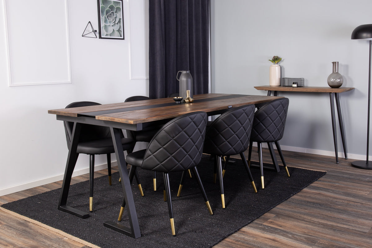Jakarta matgrupp med Velvet-stolar 200x90x75 cm svart/mörk teak och mässing