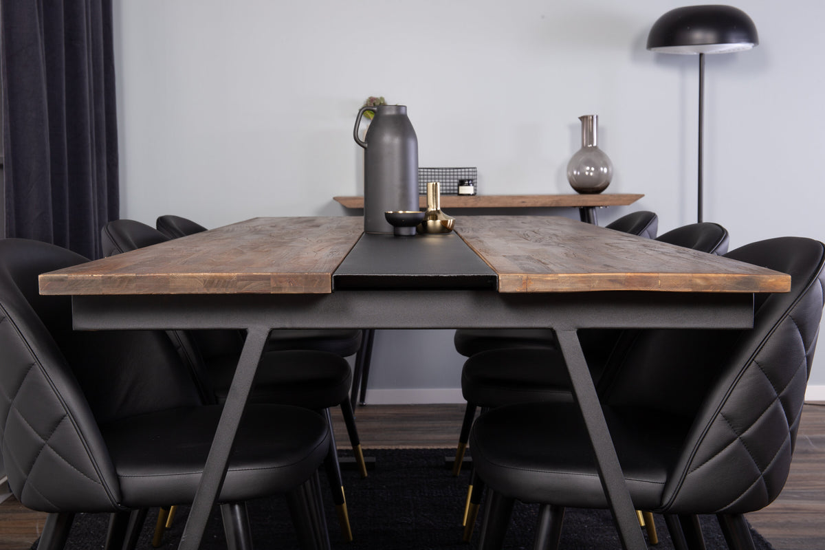 Jakarta matgrupp med Velvet-stolar 200x90x75 cm svart/mörk teak och mässing