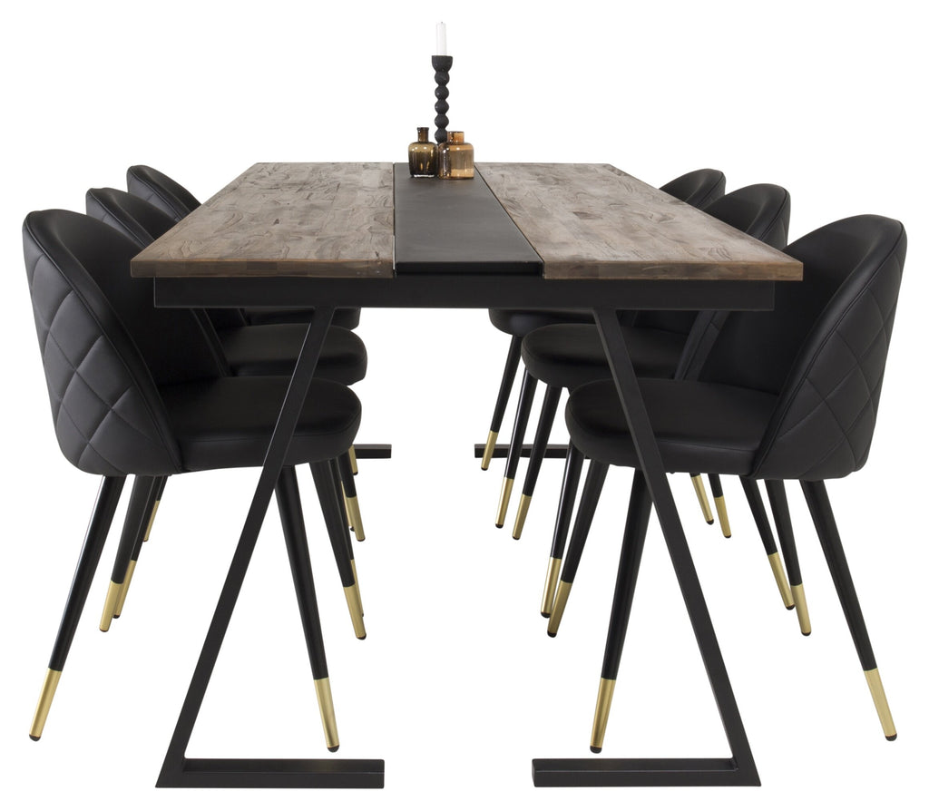 Jakarta matgrupp med Velvet-stolar 200x90x75 cm svart/mörk teak och mässing