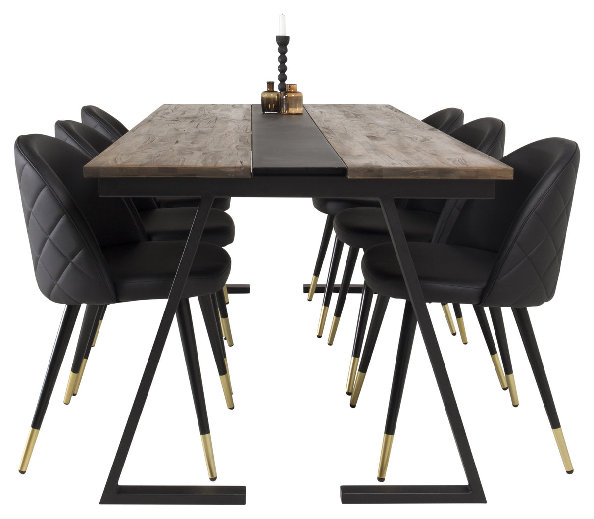 Jakarta matgrupp med Velvet-stolar 200x90x75 cm svart/mörk teak och mässing