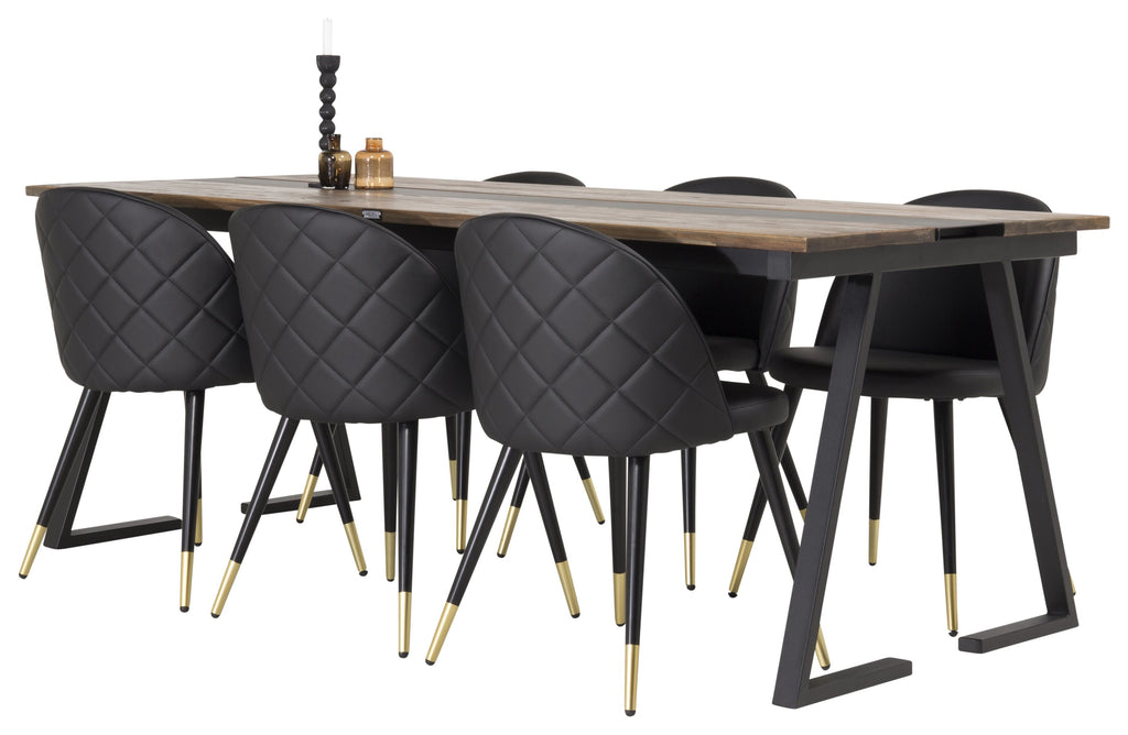 Jakarta matgrupp med Velvet-stolar 200x90x75 cm svart/mörk teak och mässing