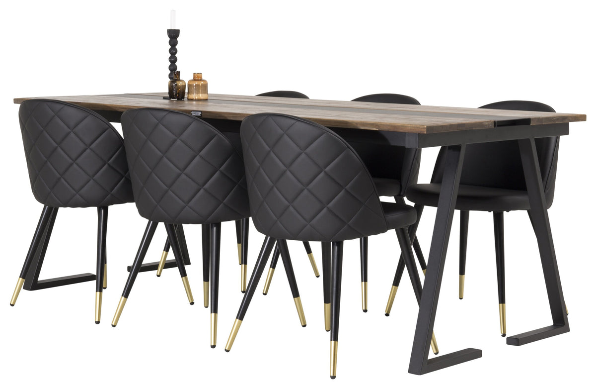Jakarta matgrupp med Velvet-stolar 200x90x75 cm svart/mörk teak och mässing